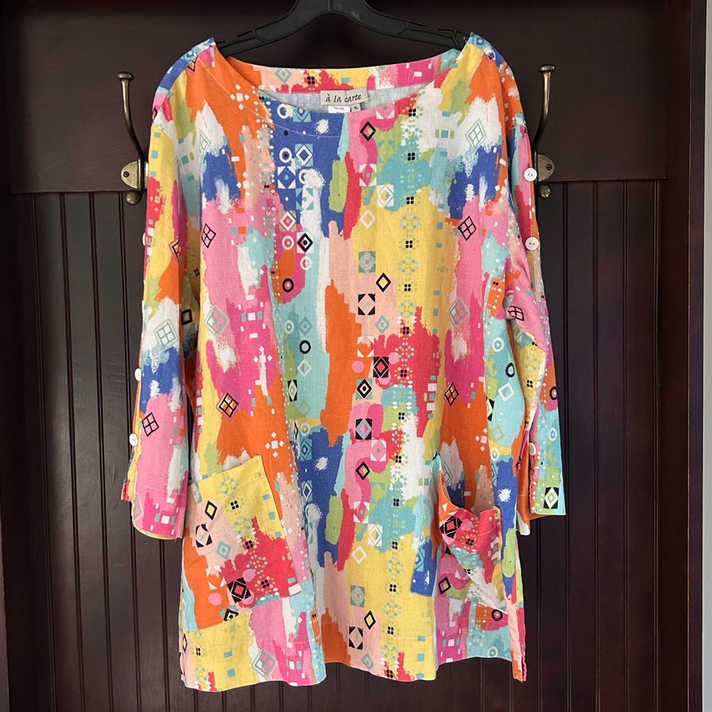 À LA CARTE Colorful Linen Abstract Print Tunic Top Boho Lagenlook Art to Wear XL - Picture 2 of 16